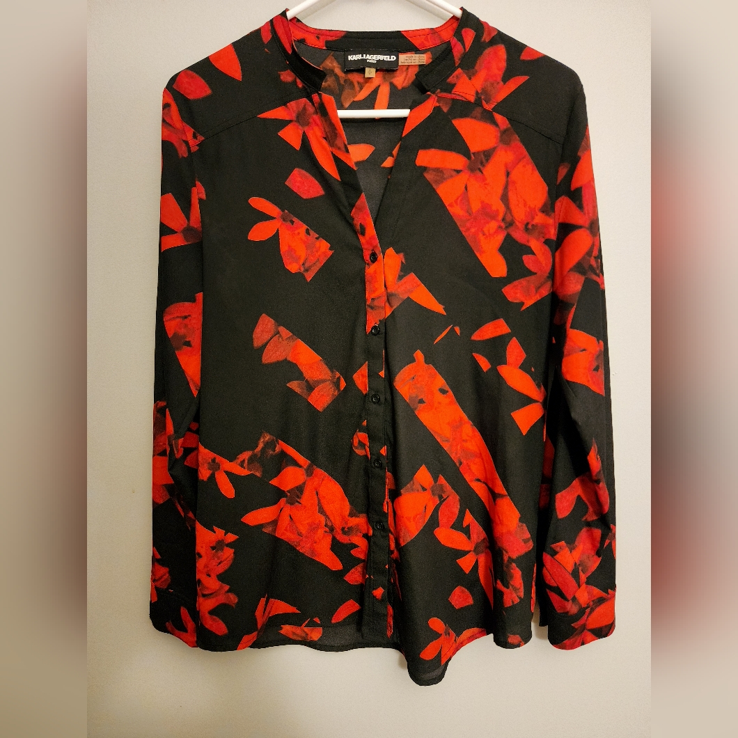 Karl Lagerfeld Paris Black And Red Floral Long Sleeve Blouse Shirt Top S